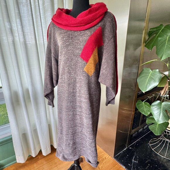 Vintage 80s sweater dress, taupe, red yellow geometric shapes, rolled cowl neck - Picture 1 of 10